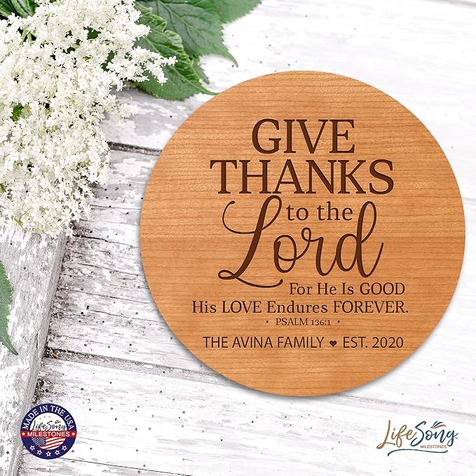 LifeSong Milestones Personalized Cherry Wood Lazy Susan Kitchen Turntable Everyday Design Ideas 12” Engraved Decorative Serving Centerpiece Family (Give Thanks)