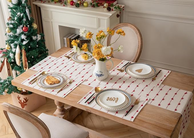 Christmas Valentines Placemats Set of 4, Cotton Linen Woven Table Mats for Modern Dining Table, 13x19 Inch Rustic Kitchen Valentine's Day Decorations Red Place Mats