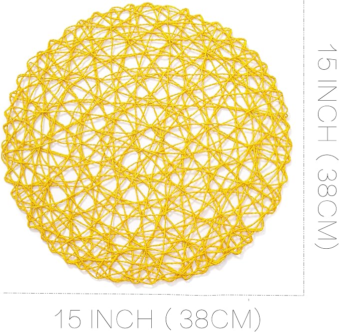 IcosaMro Yellow Round Placemats Set of 6 for Dining Table, 15 Inch Paper Woven Boho Decorative Circle Place Mat for Wedding Christmas Thanksgiving Day Holiday Dinner, 15 Inch,Yellow