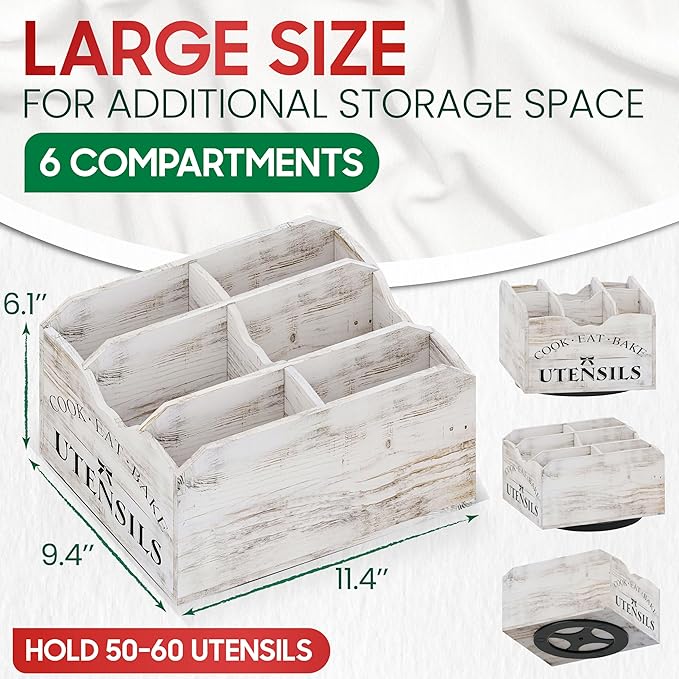 [Upgraded] Extra Large Kitchen Utensil Holder for Countertop with 360° Rotating Base, 6 Compartments, Removable Divider, Wooden Utensil Organizer for Countertop, Farmhouse Kitchen Decor