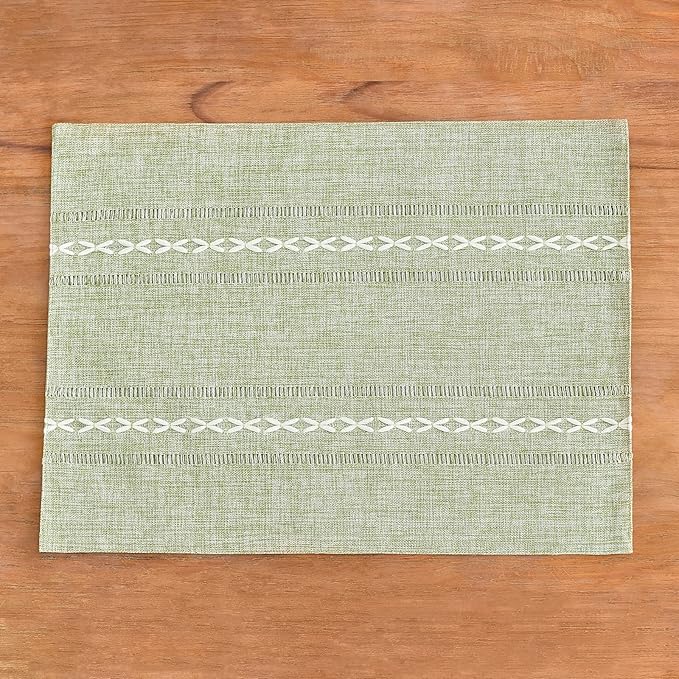 Wracra Cotton Linen Placemats, 12 x 18 Inch Set of 8 Placemats Rustic Hemstitch Place Mats for Kitchen Table and Heat Resistant-Hemstitch Sage Green