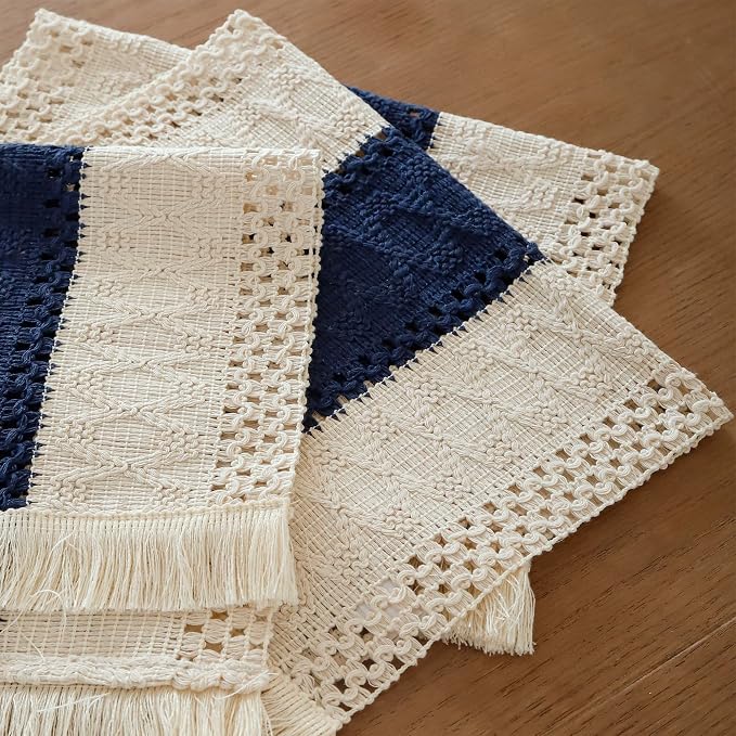 Boho Placemats Set of 6 Macrame Table Decor with Fringe Farmhouse Woven Placemats in Natural Burlap for Kitchen and Dining Table Centerpiece Home Decorations, Navy Blue
