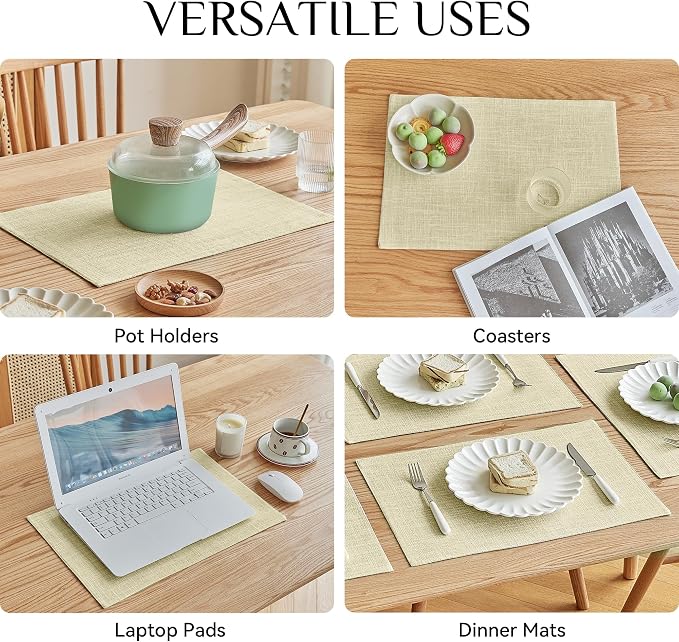 Softalker Faux Linen Placemats Set of 4-12 x 18 Inch, Heat Resistant Double Layered Durable Burlap Farmhouse Place Mats, Non-Slip Washable Rustic Table Mats for Dining, Kitchen, Party（Light Linen