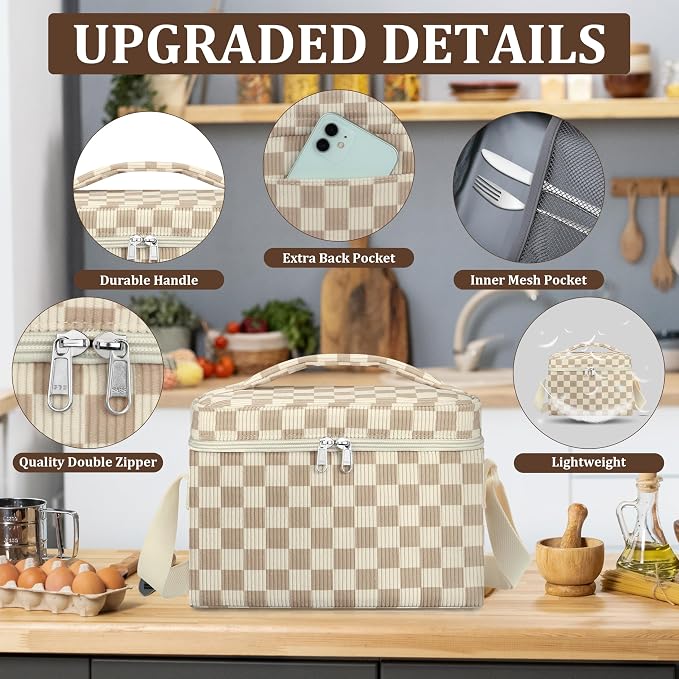 TESAFNG Insulated Lunch Bag for Women, Cute Corduroy Reusable Lunch Box for Adult, Leakproof Cooler Bag for Work Office Travel Picnic, Lunch Tote Bag with Adjustable Shoulder Strap (Checkered Khaki)