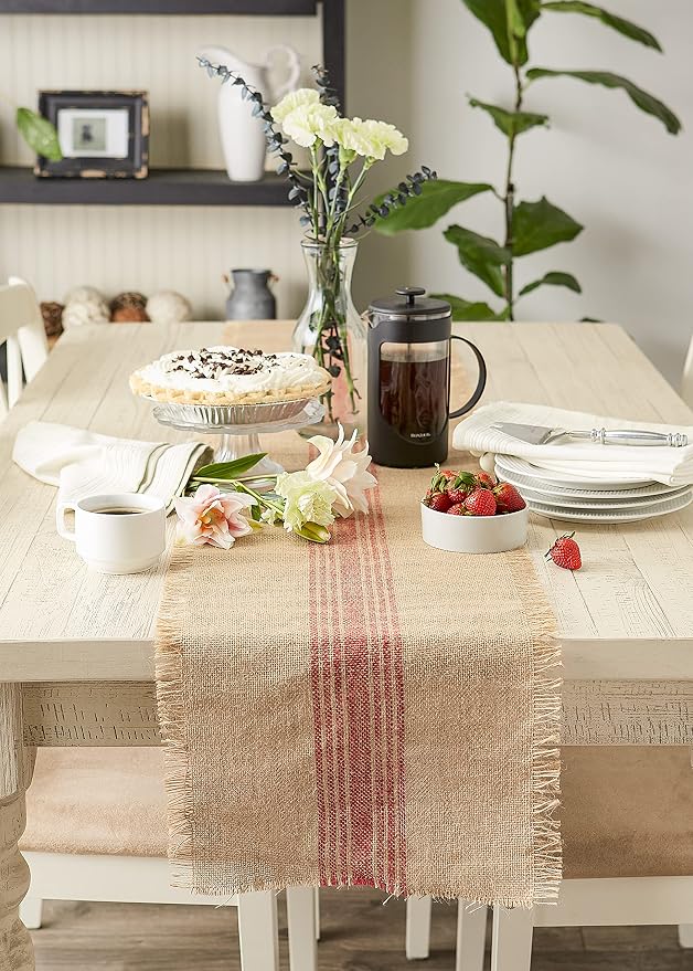DII Jute Burlap Collection Kitchen Tabletop, Table Runner, 14x108, Middle Stripe Barn Red