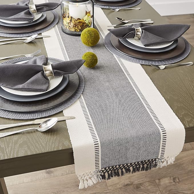 DII Dobby Stripe Woven Table Runner, 13x108 (13x113.5, Fringe Included), Mineral Gray
