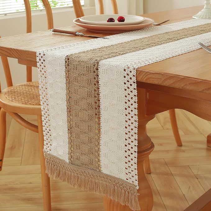 Niviy Boho Table Runner for Brown White Tassel Home Decor 90 Inches Long, Modern Farmhouse Decor Rustic Macrame Cotton Linen Woven Coffee Table Runners for Dining Table Decoration