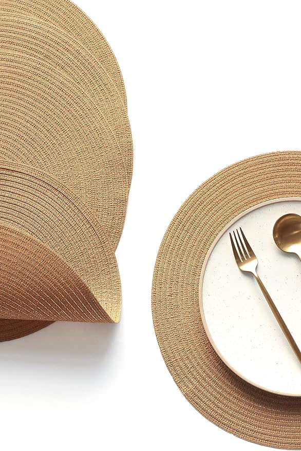 Floroom 15 Inch Round Braided Placemats Set of 6, Washable Heat Resistant Cotton Polyester Circle Place Mats for Kitchen Dining Table - Brown