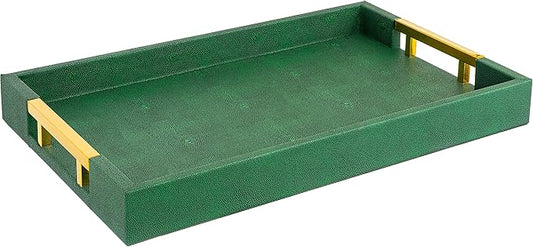 Modern Elegant 17.5"x12" Rectangle Emerald Green Shagreen Faux Leather Decorative Tray Ottoman Coffee Table Perfume Living Room Kitchen Serving Tray with Gold Polished Metal Handles for All Occasion's
