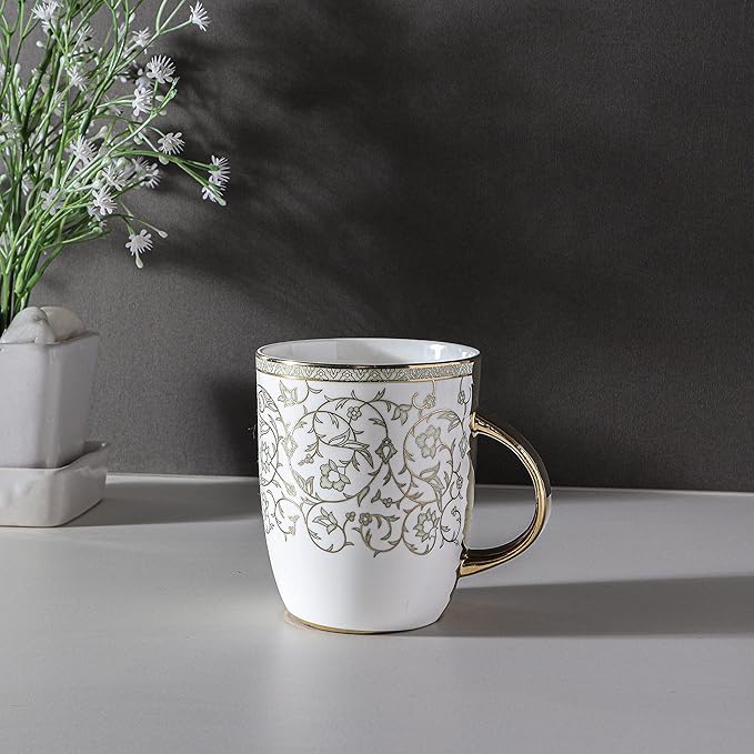 Femora Ceramic Coffee Mugs Indian Golden Disign Set of 2, 10 oz, Cappuccino Cups, Porcelain Tea Set, Latte Cups, Espresso Mugs