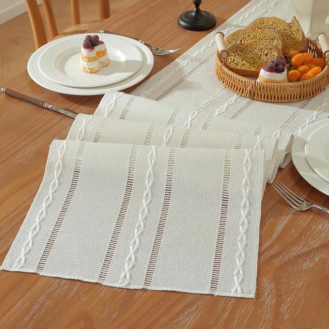 Niviy Boho Cotton Linen Beige Table Runner, Ivory Farmhouse Woven Table Runners Spring Summer Holiday Kitchen Dining Table Decoration for Home Party Decor 13 x 72