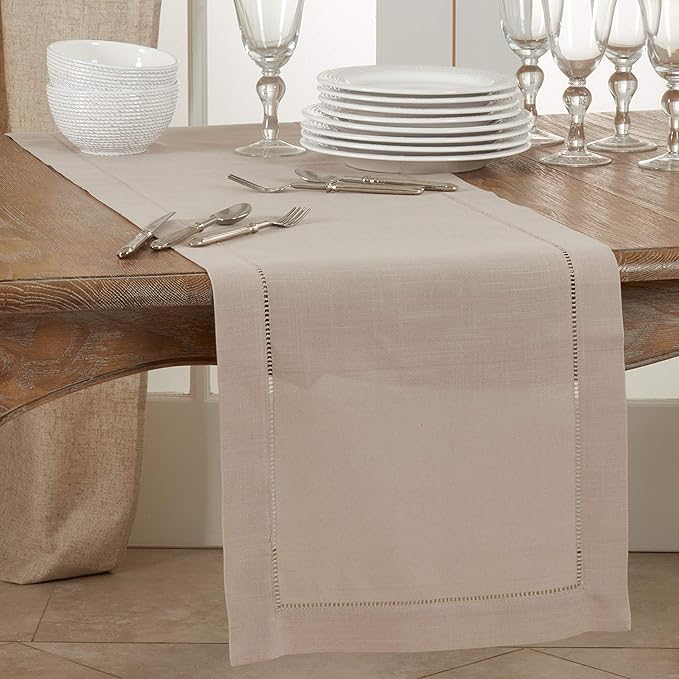 SARO LIFESTYLE Hemstitched Border Table Runner, Taupe, 16"x72"