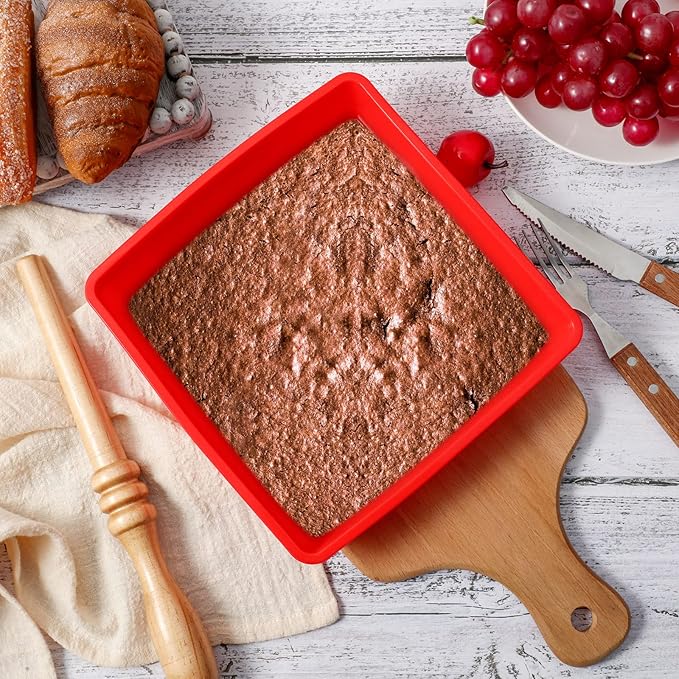 Geetery 7.5 Inch Silicone Square Cake Pan 4 Pack Silicone Brownie Pan Nonstick Baking Mold for Brownie Cake Bread Muffin Rice Crispy Lasagna Pie, Red