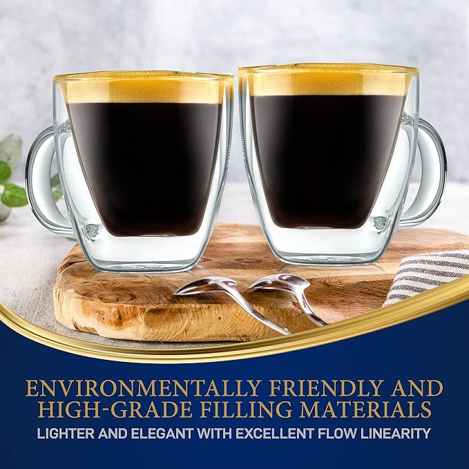 NutriChef Double Wall Insulated Cups - 2pcs 5.2 oz High Borosilicate Glass Sweat Free Mugs Clear Drinkware for Hot/Cold Drinks, Coffee, Espresso, Cappuccino, Latte, Tea, Microwavable, Dishwasher Safe
