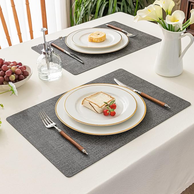 Romanstile Vinyl Placemats Set of 8, Reversible Faux Leather Heat Resistant Wipeable Table Mats, Waterproof Washable Non-Slip Table Placemats for Dining/Kitchen/Party/Outdoor (Dark Gray, 12" x 17")