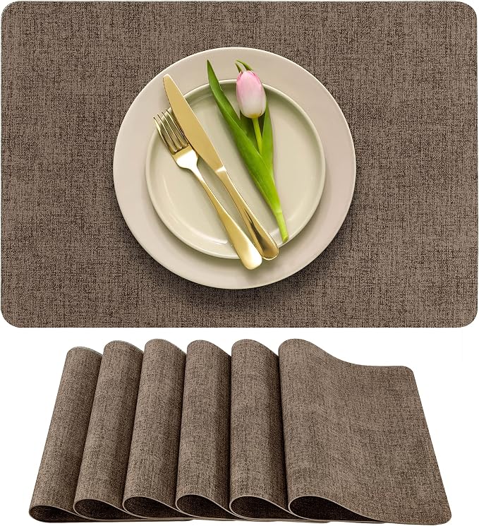 More Décor Faux Leather Placemats Set of 6 for Dining Table – Waterproof, Wipeable, Washable, Stain & Heat Resistant, Non-Slip Table Mats – 12 X 17 Inch, Brown