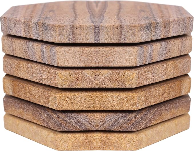 Sandstone Water Absorbent Hand Crafted Octagon Coasters for Drinks- Set of 6-4 inches Wide Thirsty Stone bar/Drink Coasters Made from Real Solid Stone (Without Holder, Set of 6)