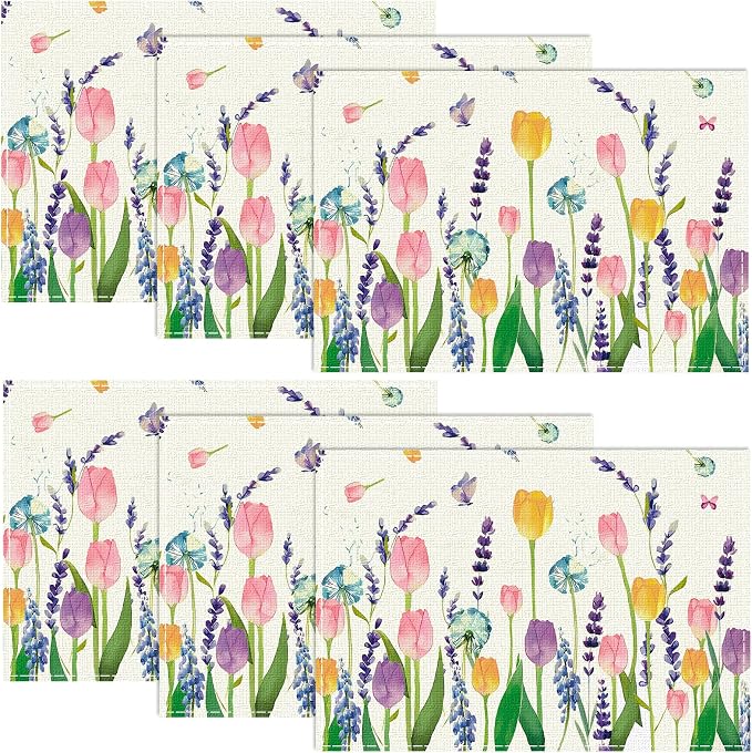 Niviy Floral Spring Placemats Set of 6, Easter Placemats Tulip Butterfly Table Mats Spring Table Decorations for Home Party 12x18 Inch