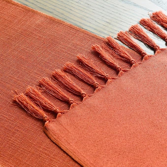 Artoid Mode Terracotta Orange Tassel Table Runner, Fall Linen Blend Rustic Farmhouse Style Kitchen Table Decoration Holiday Wedding Party Dinning Decor 13x90 Inch