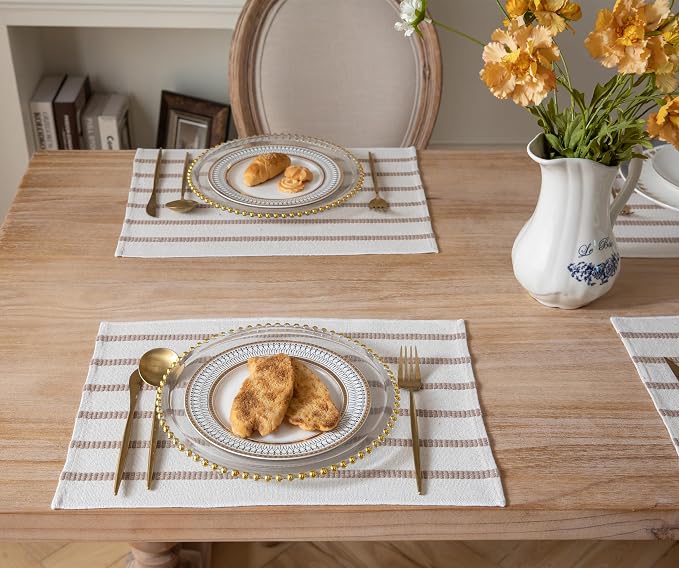 Caflife Boho Farmhouse Placemats Set of 4, Taupe Stripes Cotton Linen Woven Table Mats for Modern Dining Table, 13x19 Inch Rustic Kitchen Decor Place Mats