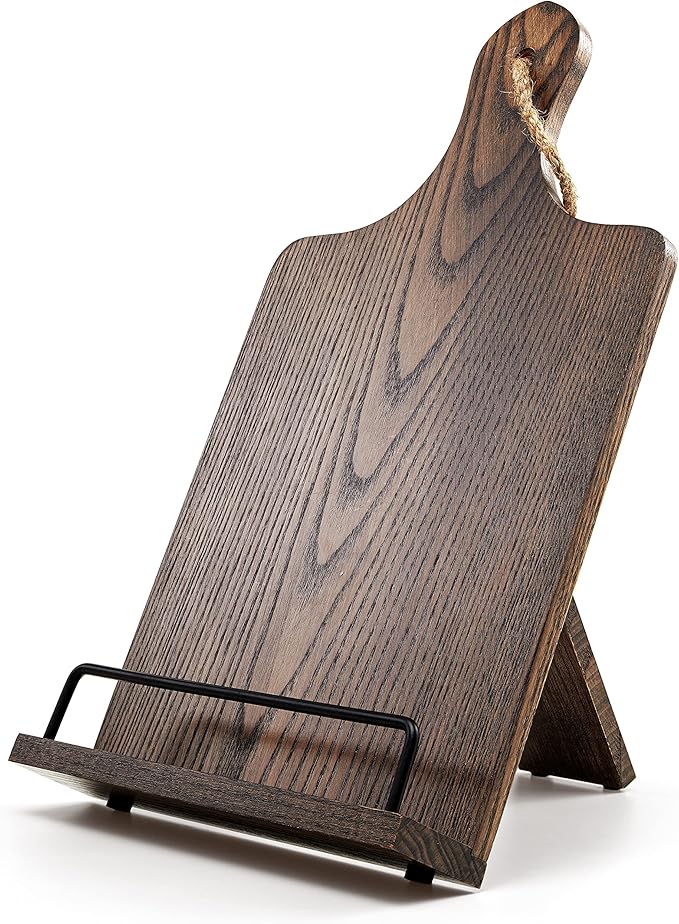 FANATU Cookbook Stand, Rustic Wood Cookbook Holder Cutting Board Style, Adjustable Recipe Ipad Tablet Book Holder and Stand for Kitchen with Anti-Slip Kickstand (Dark Brown)