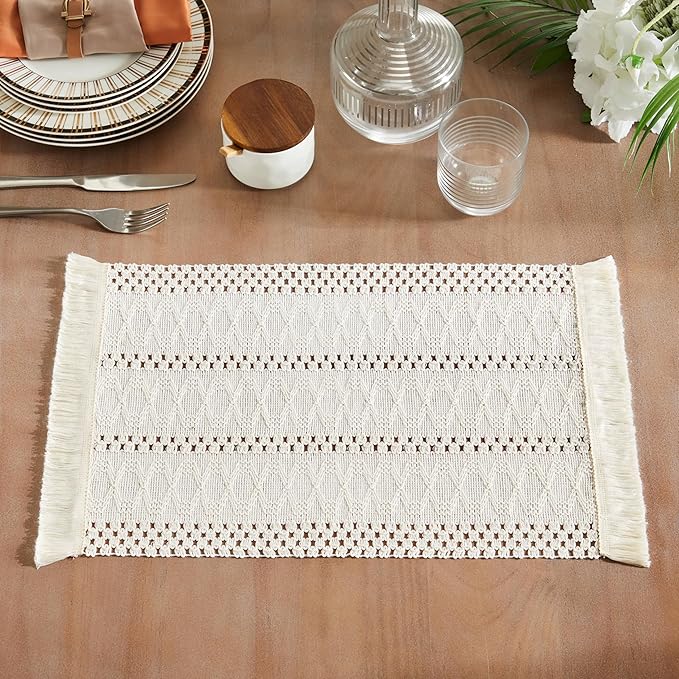 ZeeMart Macrame Style Boho Placemats Set of 6, Ivory 12x20 Inch | Decorative Farmhouse Table Mats, Natural Cotton Woven Place Mats, Bohemian Home Decor for Kitchen Dining Table