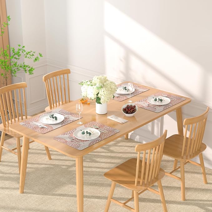 QiyI Placemats Set of 6, 12x18 Inch Faux Leather Place Mats for Kitchen Dinning, Heat Resistant Anti Slip Floral Table Mats, Waterproof Wipeable Washable Placemat Thanksgiving Table Décor, Brown