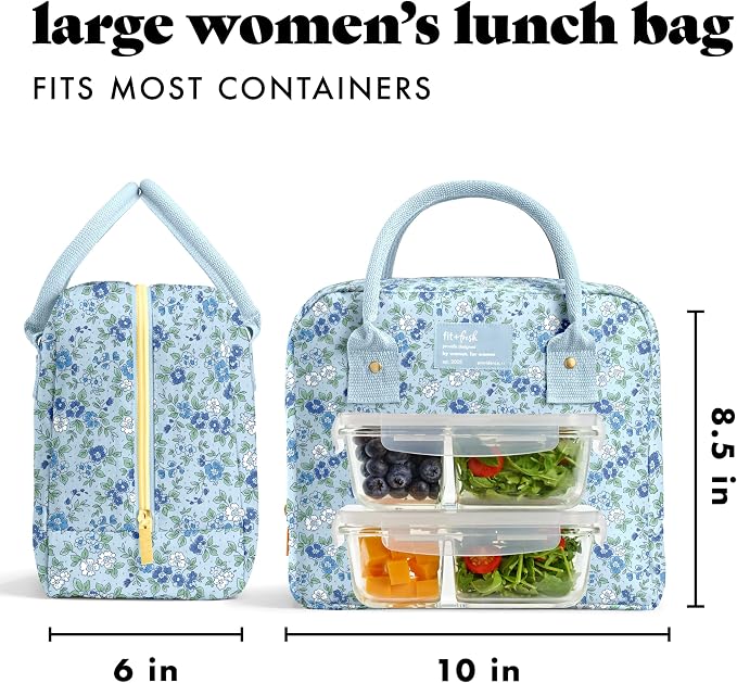 Fit & Fresh Bloomington Lunch Bag for Women - Insulated Large Lunch Box for Work with Containers, Leak-Resistant, Stain-Resistant, Zipper Closure, Ditsy Flowers Blue