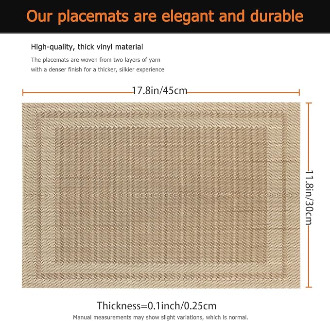 Placemats Set of 8 Washable&Wipeable Place mats for Dining Table Kitchen Indoor Outdoor Table Mats Heat Resistant Non Slip Woven Vinyl Table Placemats (Khaki，8PCS)