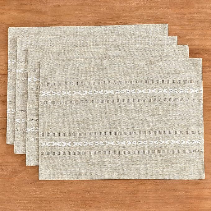 Wracra Cotton Linen Placemats, 12 x 18 Inch Set of 8 Placemats Rustic Hemstitch Place Mats for Kitchen Table and Heat Resistant-Hemstitch Coffee