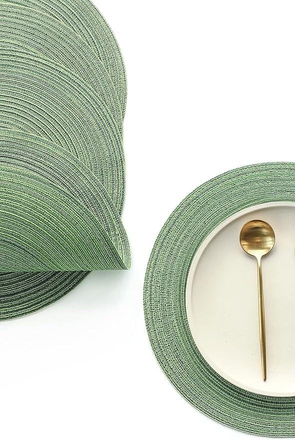 Floroom 15 Inch Round Braided Placemats Set of 6, Washable Heat Resistant Cotton Polyester Circle Place Mats for Kitchen Dining Table - Forest Green