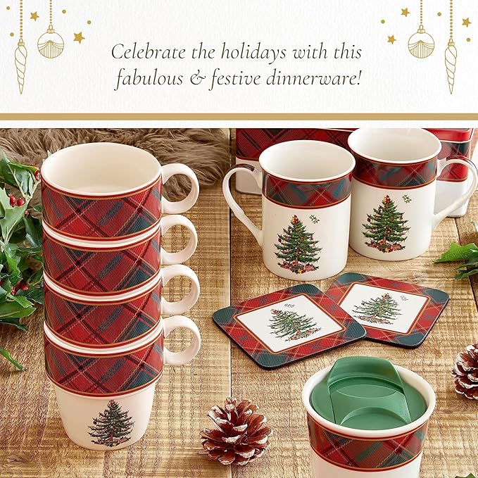 Spode Christmas Tree Tartan Stacking Mugs, Set of 4 – Festive Tartan Design Coffee Cups, 10oz Earthenware for Holidays, Colorful & Fun Stackable Cups, Great Gift for Seasonal Celebrations
