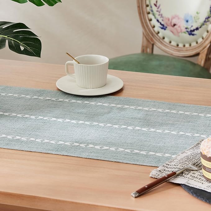 Braided Farmhouse Table Runner,Braided Dusty Blue 13x108 Inch, Cotton Linen Table Runners 108 Inches Long, Embroidered Striped Dusty Blue Boho Table Runner Rustic Home Decor