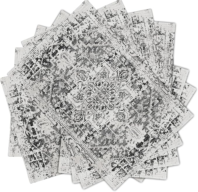 Gray Black Boho Placemats Set of 6 Ethnic Bohemian Carpet Place Mats Washable Kitchen Dining Vintage Grey Geography Floral Linen Table Mats Stain Heat-Resistant Cloth Tabel for Home Party 12x18 in
