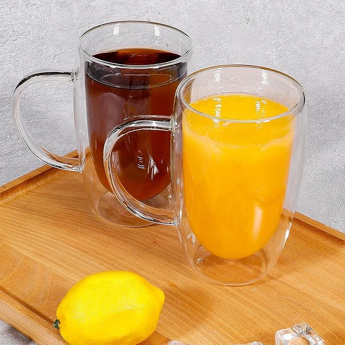 Clear Glass Double Wall Insulated Round Coffee Mugs Set of 2 Pieces - Large Size 16oz Best Reusable Coffee Mug for Home Cafe Restaurant Perfect for Espresso Capucinno Lungo Latte Coffee