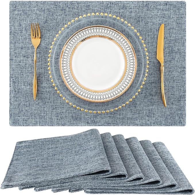 homing Faux Cotton Linen Placemats Set of 6, Cloth Washable Farmhouse Dining Table Mats for Indoors & Outdoors, Easy to Clean, Denim Blue, 13 x 19 Inch