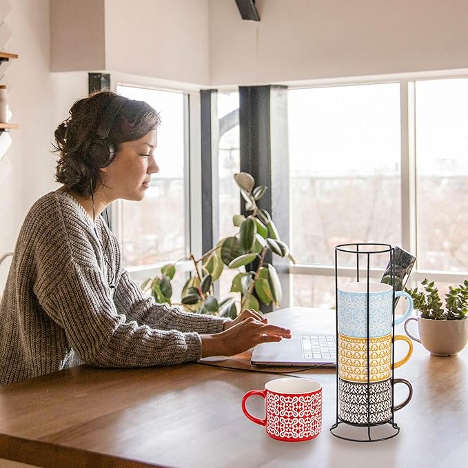 Hiceeden Set of 4 Stackable Coffee Mugs with Rack, 15 oz Colorful Ceramic Coffee Mugs with Metal Stand, Coffee Cup Set for Espresso, Cocoa, Latte, Americano, Cappuccino, Tea, Milk, Multi-colored