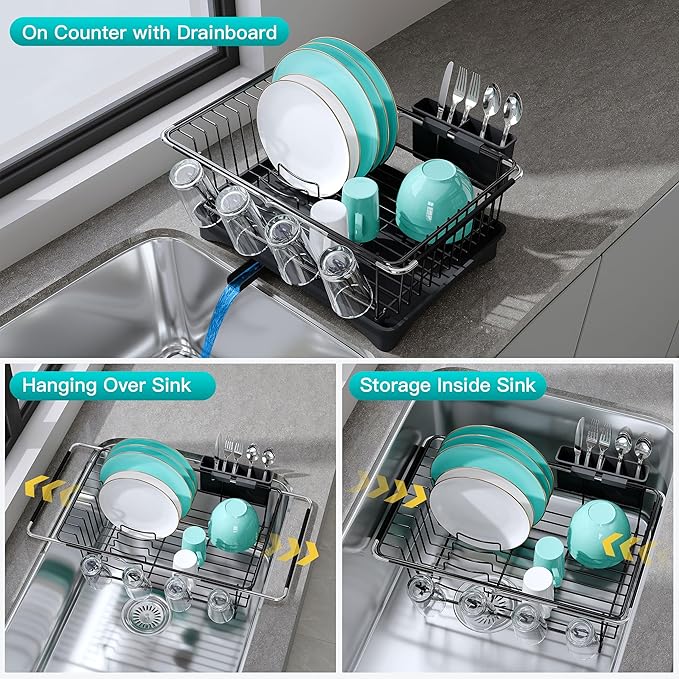 JASIWAY Dish Drying Rack in Sink, Expandable Stainless Steel Dish Drainers for Kitchen Counter, Space Saving Dish Dryer Rack with Drainboard, Over The Sink Dish Racks with Utensil Holder, Black