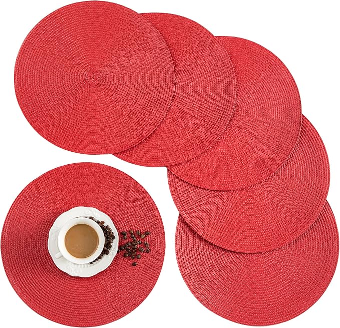 Round Placemats, Crossweave Heat Resistant Classic Woven Round Place Mats Diameter 13.5 inch for Kitchen Table Set of 6 (Red)