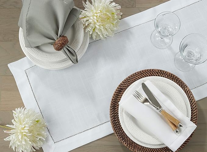 SARO LIFESTYLE Hemstitched Border Table Runner, White, 16"x72"