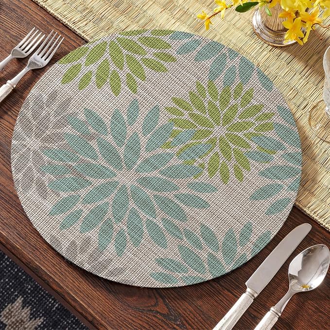 Artoid Mode Light Green Dahlia Plastic Round Placemats Set of 4, 14 Inch Seasonal Wipeable Woven Vinyl Table Mats for Farmhouse Party Kitchen Dining Decor