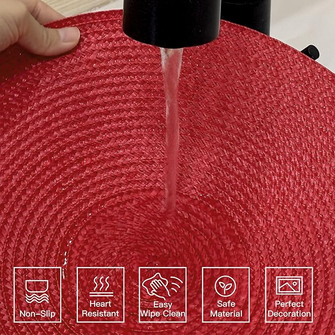 Feuille Round Braided Placemats Set of 6 Place Mats for Dining Table Woven Washable Non-Slip Table Mats 13.5 Inch (Red, 6pcs)
