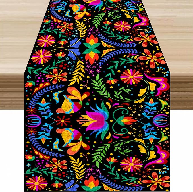 Mexican Table Runner, Vintage Colourful Art Minimalist Botanical Flower Birdie Table Decor Table Top Dining Kitchen Wedding Party 13x36 in
