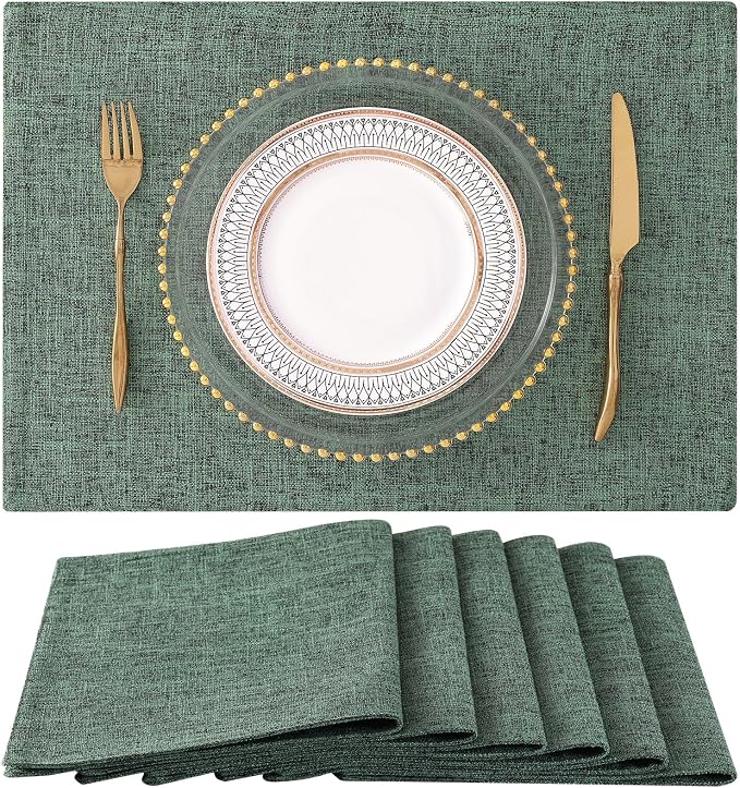 homing Faux Cotton Linen Placemats Set of 6, Cloth Washable Farmhouse Dining Table Mats for Indoors & Outdoors, Easy to Clean, Green, 13 x 19 Inch