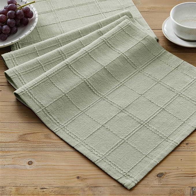 ZeeMart Linen Checked Farmhouse Table Runner, 13x72 Inches Seeding Green | Raised Grid Design, Rich Woven Texture, Linen Blend Table Runners 72 Inches Long, Machine Washable, Boho Home Kitchen Decor