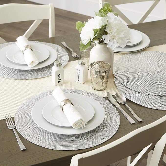 DII Woven Placemats Collection Metallic Round Placemat Set, 15", Silver, 6 Piece