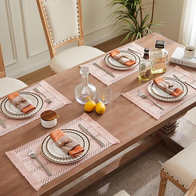 ZeeMart Macrame Style Boho Placemats Set of 4, Light Pink 12x20 Inch | Decorative Farmhouse Table Mats, Natural Cotton Woven Place Mats, Bohemian Home Decor for Kitchen Dining Table