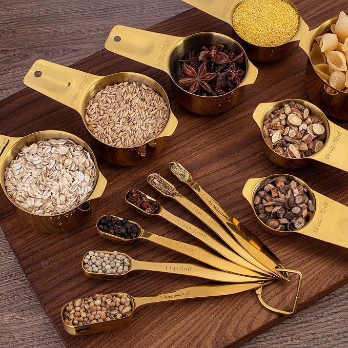 13‑Piece Stainless Steel Measuring Cups and Spoons Se18/8 Professional Grade, Engraved US & Metric Measurements for Dry and Wet Ingredients, Durable Kitchen Set for Baking and Cooking, Gold
