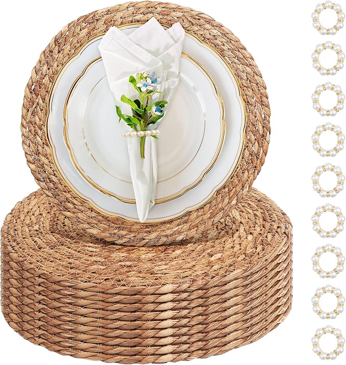 Alijoy 13 Inch Round Woven Placemats Set of 10 with Pearl Napkin Rings - Rattan Chargers for Dinner Plates, Natural Water Hyacinth Wicker Placemats, Rustic Placemat Boho Farmhouse Dining Table Deco