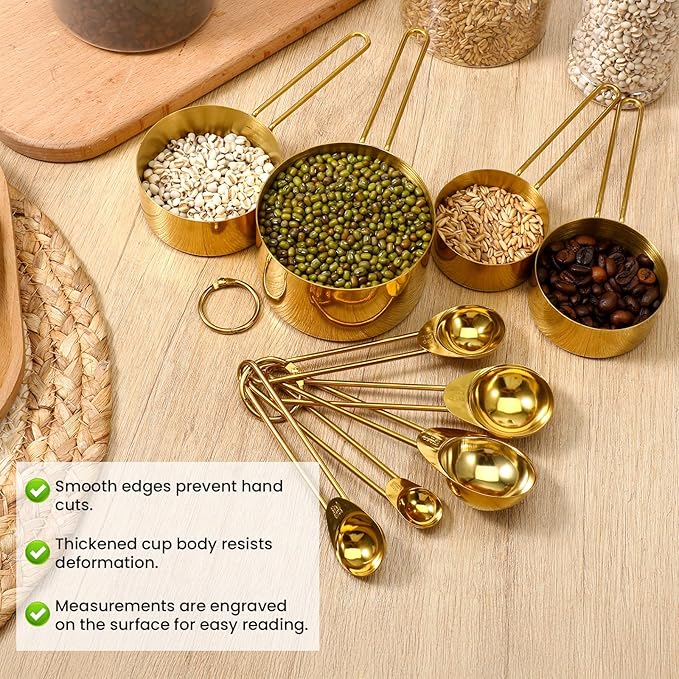 Giantree 9PCS Stainless Steel Gold Measuring Cups And Spoons Set, Metal Stackable & Long Handle Measuring Cups Measuring Spoons Set Durable Rust-Proof for Kitchen Baking Cooking